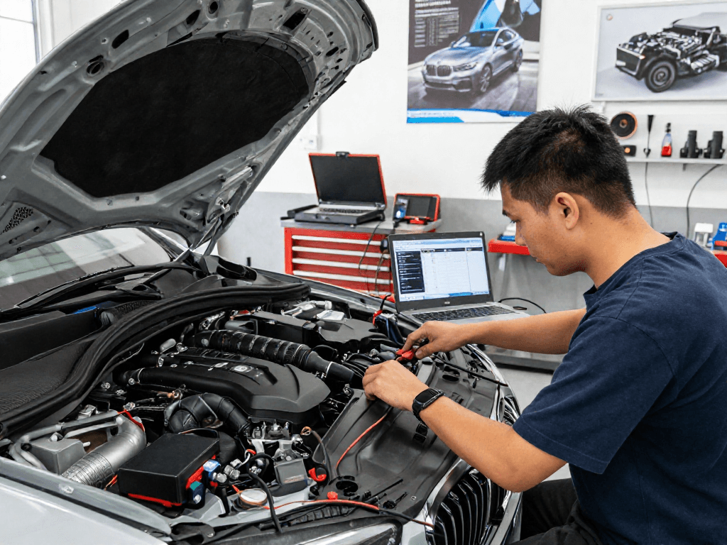 Professionelle Chiptuning-Dienste in Hannover bei BMW, Techniker arbeitet am Motor mit modernem Equipment.