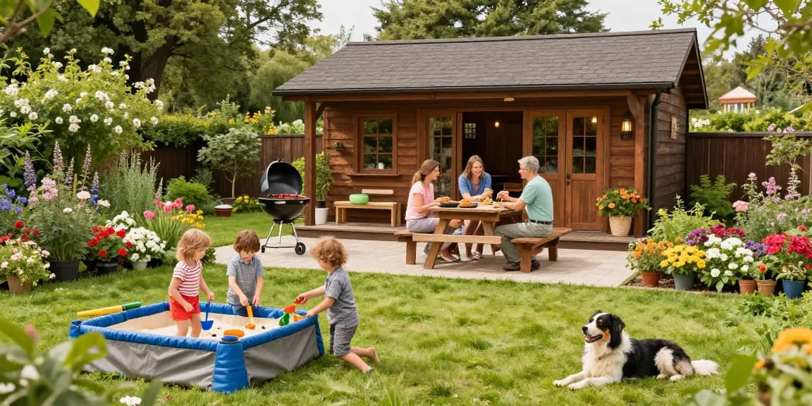 Schönes Gartenhaus umgeben von bunten Blumenbeeten und einer Familie, die einen sonnigen Nachmittag genießt.