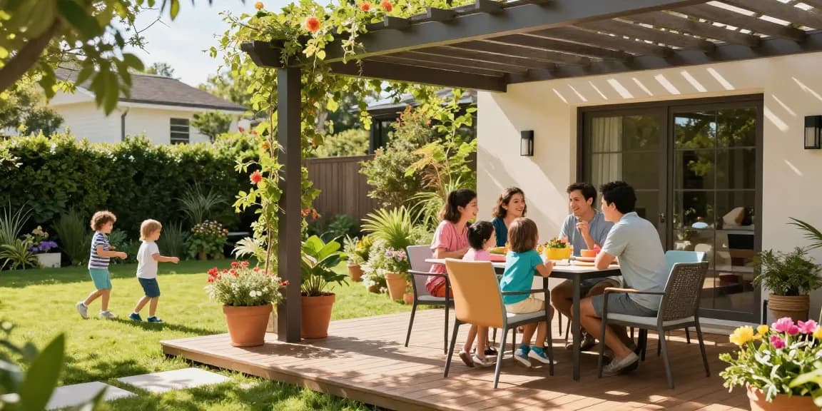 Eine freistehende Terrassenüberdachung mit einer Familie im Garten, die Sonne scheint.