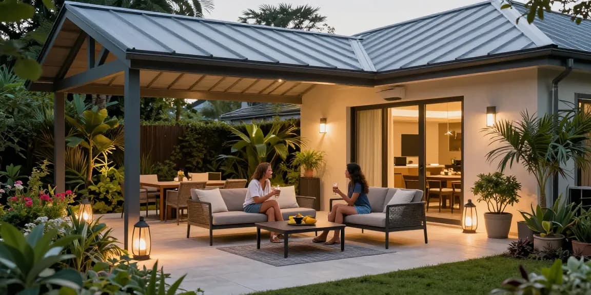 Moderne Terrassenüberdachungen auf stilvollem Außenbereich mit Pflanzen und Paar, das entspannt sitzt.