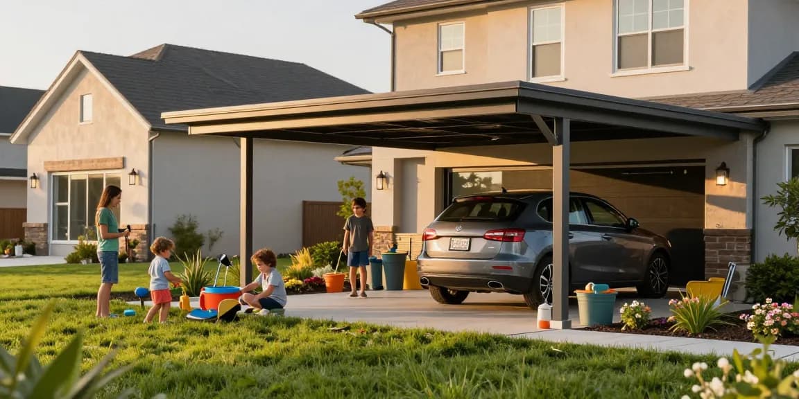 Moderne Carport-Installation mit Familie, die im Garten spielt, unter strahlendem Sonnenlicht.