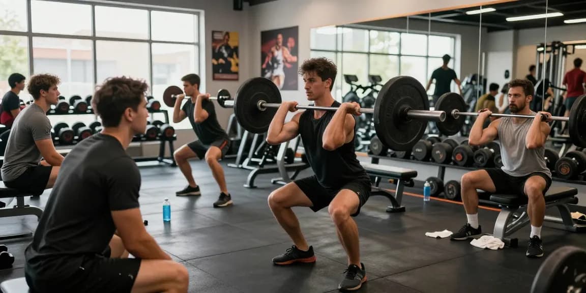 Akra Labs Steroid Shop mit Athlet, der Gewichtheben demonstriert und Trainees motiviert, moderne Fitnessstudio-Umgebung.